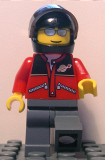 LEGO twn060 Red Jacket with Zipper Pockets and Classic Space Logo, Dark Bluish Gray Legs, Black Helmet, Silver Sunglasses